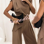 Jordy Ruched Shoulder Slit Top and Elastic Waist Pocketed Wide Leg Pants Set