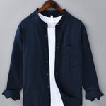 Long sleeve linen cotton S<tc>light brown</tc>shirt with D-neck collar and pocket