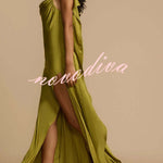 Evening Date Satin Cowl Neck Drape Ruffle Backless Bias Cut Party Maxi Dress