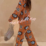 Mediterranean Art Knit Unique Sun Vortex Print Elastic Waist Wide Leg Pants