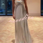 Night Elf Metallic Fabric Pleated Off Shoulder Twist Bust Slit Maxi Dress