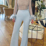 Ready for Vegas Feather Detail Trim Sequin Jumpsuit