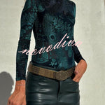 Antarey Velvet Mesh Unique Pattern Long Sleeve Stretch Bodysuit