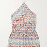 Juney Knit Colorful Zigzag Pattern Halter Neck Slit Wide Leg Loose Romper