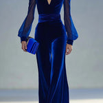 Solid Color Velvet V-neck Long-sleeved Elegant Fitted Jumpsuit
