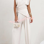 Jordy Ruched Shoulder Slit Top and Elastic Waist Pocketed Wide Leg Pants Set