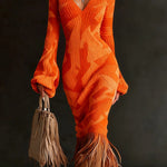 Unique Printed V-neck Long-sleeved Elegant Tassel Hem Midi Dress
