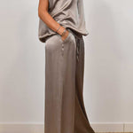 Satin Solid Color Loose Short-sleeved Top and Elastic Waist Lace-up Pocket Wide-leg Pants Set