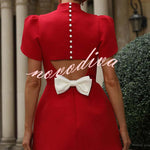 Sweet Moment Slit Short Sleeve Backless Removable Satin Bow Mini Dress