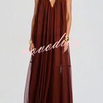 Flowing Lightweight Chiffon Chain Halter Neck Detail Backless A-line Maxi Dress