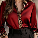 Satin Leopard Print Patchwork Casual Long-sleeved Shirt
