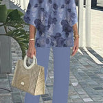 Fashion Round Neck Half Sleeve Loose Top and Elastic Waist Casual Straight Pants Set