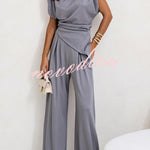 Jordy Ruched Shoulder Slit Top and Elastic Waist Pocketed Wide Leg Pants Set