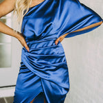 Glam Expectations One Shoulder Satin Drape Dress