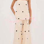 Linen Blend Polka Dot Bandeau Top and Elastic Waist Pocket Wide Leg Pants Set