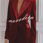 Delicate Daze Velvet Satin Lapel Button Up Long Sleeve Tapered Waist Blazer