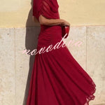 Unique Printed V-Neck Waisted Mesh Holiday Maxi Dress