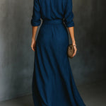Solid Color Loose-fitting Collared Long-sleeved Shirt and Elegant Pleated Maxi Skirt Set