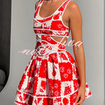 Holiday Colors Ric Rac Trims Unique Print Cutout Round Neck Mini Dress