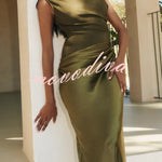 Kaia Satin Contrast Fabric Patchwork One Shoulder Ruched Maxi Dress