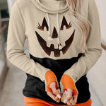Halloween Pumpkin Print Long Sleeve Drawstring Hoodie