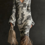 Unique Printed V-neck Long-sleeved Elegant Tassel Hem Midi Dress