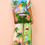 Kissed By The Sun Satin Unique Print Colorblock Button Down Oversized Blouse