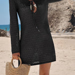 Solid Color Knit Hollow V-Neck Tie Long Sleeve Cover Up Mini Dress
