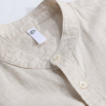 Long sleeve linen cotton S<tc>light brown</tc>shirt with D-neck collar and pocket