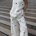 Linen Blend Polka Dot Bandeau Top and Elastic Waist Pocket Wide Leg Pants Set