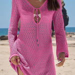 Solid Color Knit Hollow V-Neck Tie Long Sleeve Cover Up Mini Dress