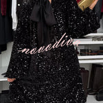 Velvet Sequin Back Bow Bell Sleeves Loose Mini Dress