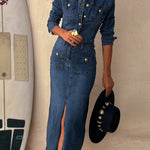 Tessy Denim Metal Button Zipper Shirt Stretch Pencil Slit Midi Dress