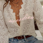 Fashionable Openwork Lace Long-sleeved V-neck Elegant Shirt