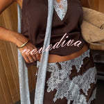 Sunday Social Contrast Color Satin Lace Trim Mid Rise Maxi Skirt