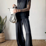 Satin Solid Color Loose Short-sleeved Top and Elastic Waist Lace-up Pocket Wide-leg Pants Set