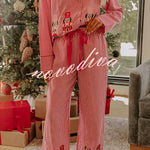 Nutcracker Charm Embroidered Gingham Loose Shirt and Elastic Waist Pajama Set