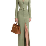 Elegant Green Long Sleeves Split Jacket & Skirt Set