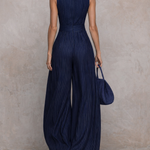 Dark Blue Striped Keyhole Neckline Wide-leg Jumpsuit