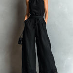 Black Faux Cotton-linen Halter Neck Vest With Tie-up Lace-trimmed Wide-leg Pants Set