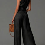 Black V-neck Sleeveless Zip-up Pleated Wide-leg Chiffon Jumpsuit