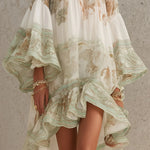 Green Print Ruffle Hem Flounce Sleeve Chiffon Mini Dress