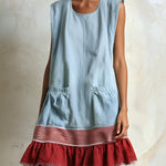 Blue Sleeveless Red Striped And Ruffled Loose Mini Dress