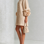 Beige Floral Button-down Mini Dress With Striking Floral Cuffs