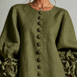 Olive Floral Button-down Mini Dress With Striking Floral Cuffs