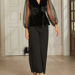 Black Velvet Wrap Ruffled Sheer-sleeved Top And Black Wide-leg Trousers Suit