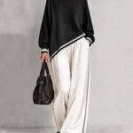 Black Asymmetric Contrast Trim Top & White Wide-Leg Pants Set