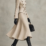 Elegant Beige Double Breasted Wool Midi Coat With Belt