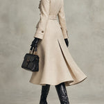 Elegant Beige Double Breasted Wool Midi Coat With Belt