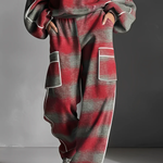 Red and Gray Plaid Color-blocked Sweatshirt and Casual Pants Two-piece set